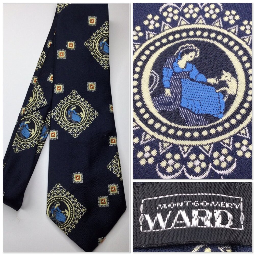 Vintage Montgomery Ward Mens Navy Tie Victorian Pattern
